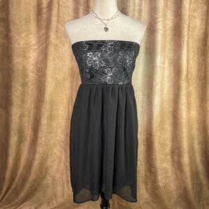 Vintage Y2K Strapless Dress Floral Metallic Empire Waist Mini Party Prom Goth